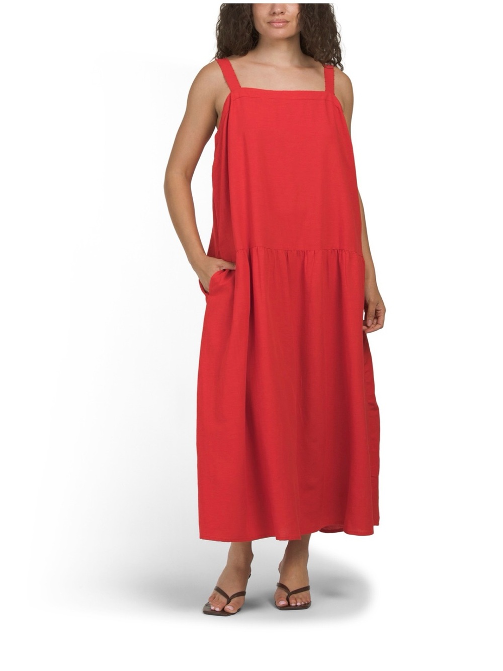 LEA LINEN BLEND  drop waist Red Maxi Dress with Pockets